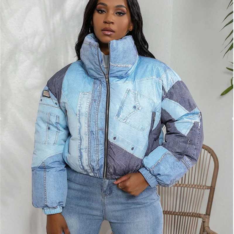 Women's Down Parkas New 2023 Womens Winter Denim 3D Printed Zipper Puff Crop Jacket Parkas Warm Thick Turtle Collar Zipper Bread Jacket Coat Y241