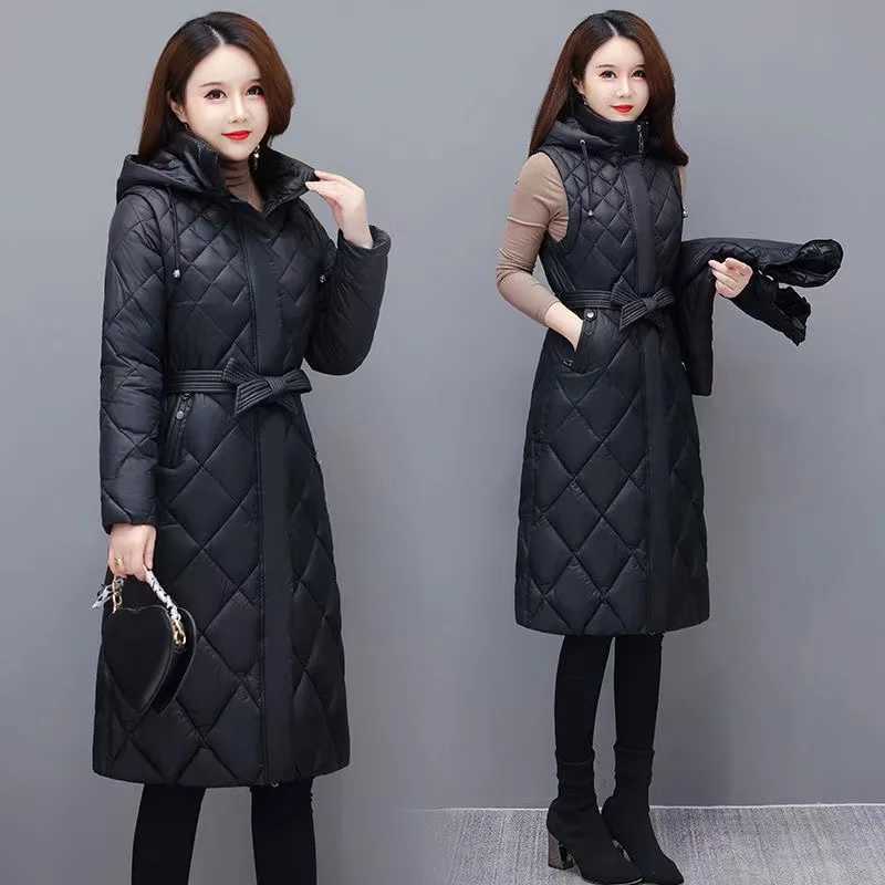 Women Winter Jacket Lightweight Down Cotton Jacket New Long Sleeved Detachable Mid Long Parkas Warm Female Winter Coat OuterwearX241019