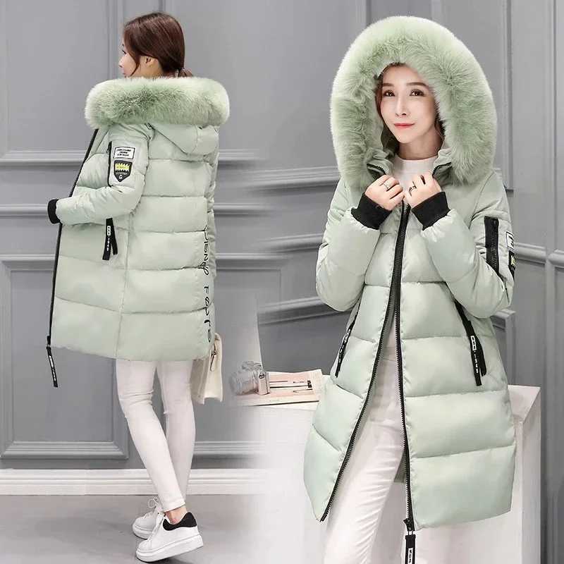 2023 Winter Jacket Women Parka Big Fur Collar Hooded Thick Warm Long Female Coat Casual Outwear Down Cotton Jacket ParkasX241019
