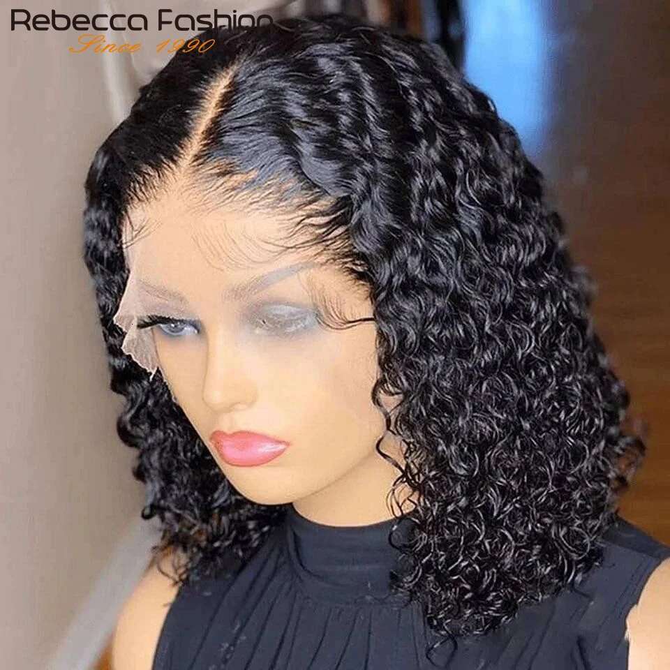 Peruvian Deep Curly Bob Natural Black Color Brazilian HD Front 13x6x1 Transparent T Part Lace Hair Wigs