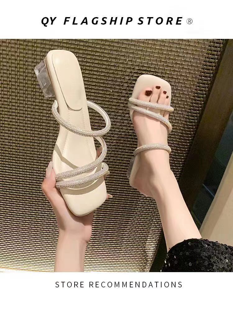 Summer New Outwear Square Headed Open Toe High One Piece Tug Girl Elegant Rhinestone With Skirt And Thin Heel Sandals Ddmywed ddmythur