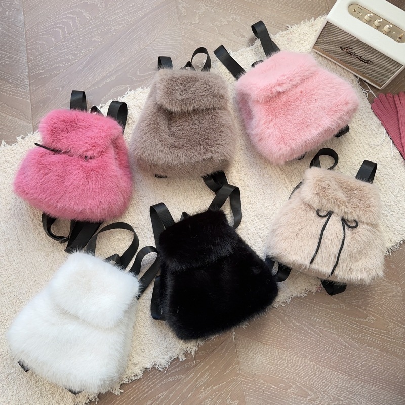 Y2K bags Hot Pink Color Mini Backpack Retro Fuzzy Purse Plush Kawaii Drawstring Bag for Women Girls