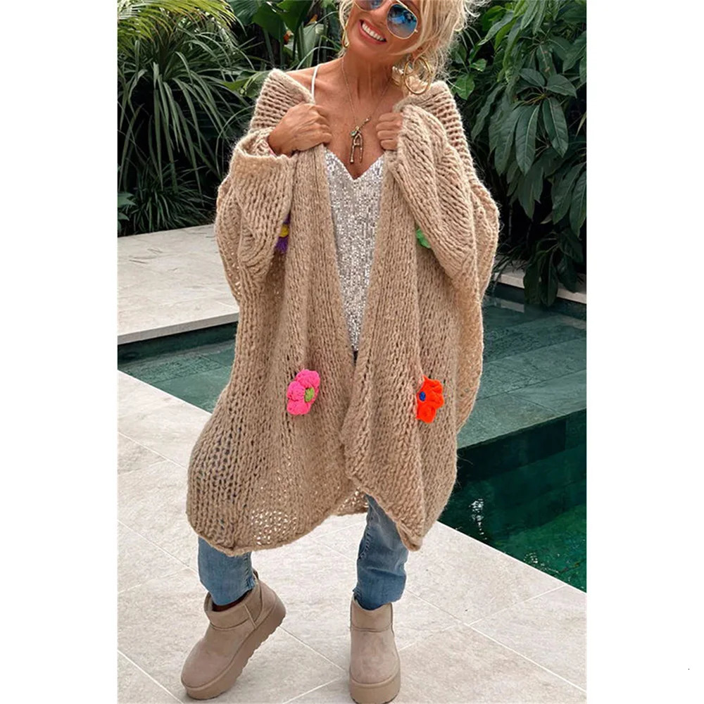 Knitted Cardigan Women 2024 Elegant Loose Long Outerwear Crochet Flowers Sweater Coat Soft Cover Up Fashon Streetwear Outfits 241009
