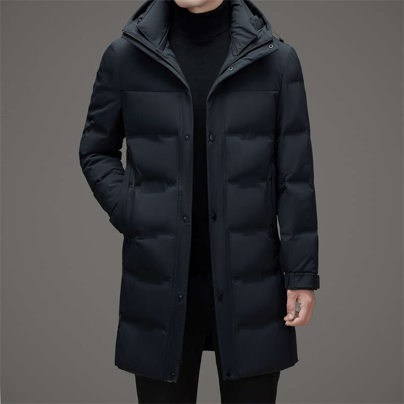 Classic Winter Men's Warm Mid-Length White Duck Down Jackets Outwear Windproof Long Hooded Puffer Coat Casual Loose Thick Parkas