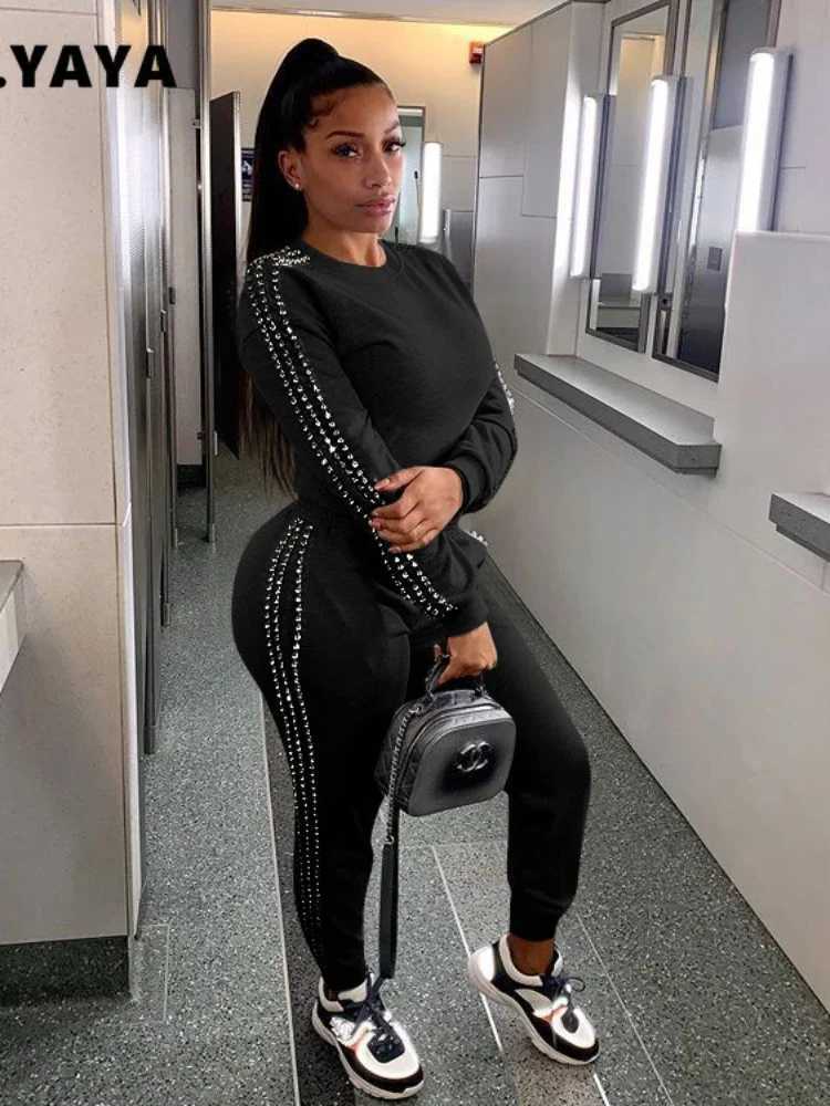 Women's Two Piece Pants CM. YAYA Spring and Winter Pearl Bead Side Womens Two Piece Set Sports Shirt and Jogging Pants Set Sports Shirt Y241019YG