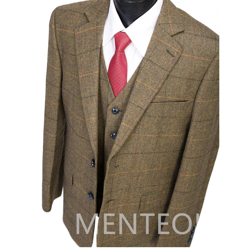 Tweed Wool Men Suits for Business Winter Vintage Notched Lapel 3 Piece Wedding Tuxedo Brown Herringbone Slim Fit Jacket with Vest Pants British Style