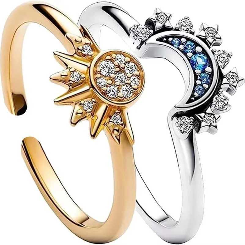2-piece/set couple ring set sky blue sparkling moon and sun rings fashionable womens stackable finger set engagement jewelry Y241019