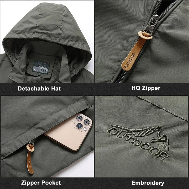 Outdoor sports mens jacket loose and comfortable top waterproof and windproof work jacket hooded attack jacket 241007