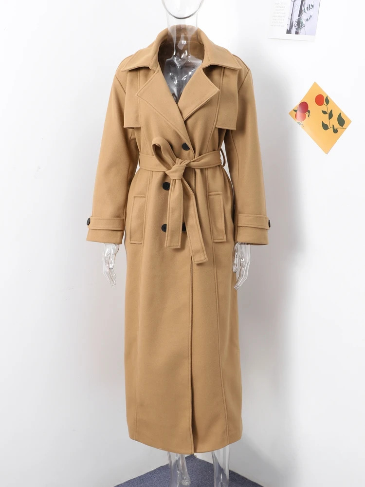 Vintage Turn-down Collar Long Coats With Belts Women Casual Double-Breasted Shoulder Pads Maxi Coat Autumn Elegant Chic Outwear 241010