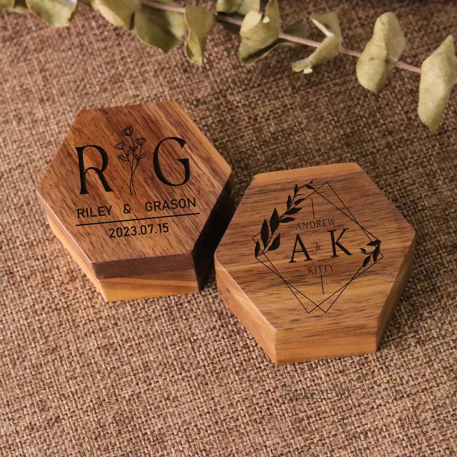 Customized carved wooden ring box vintage hexagonal walnut wood wedding gift for boys girls friends wives W241019