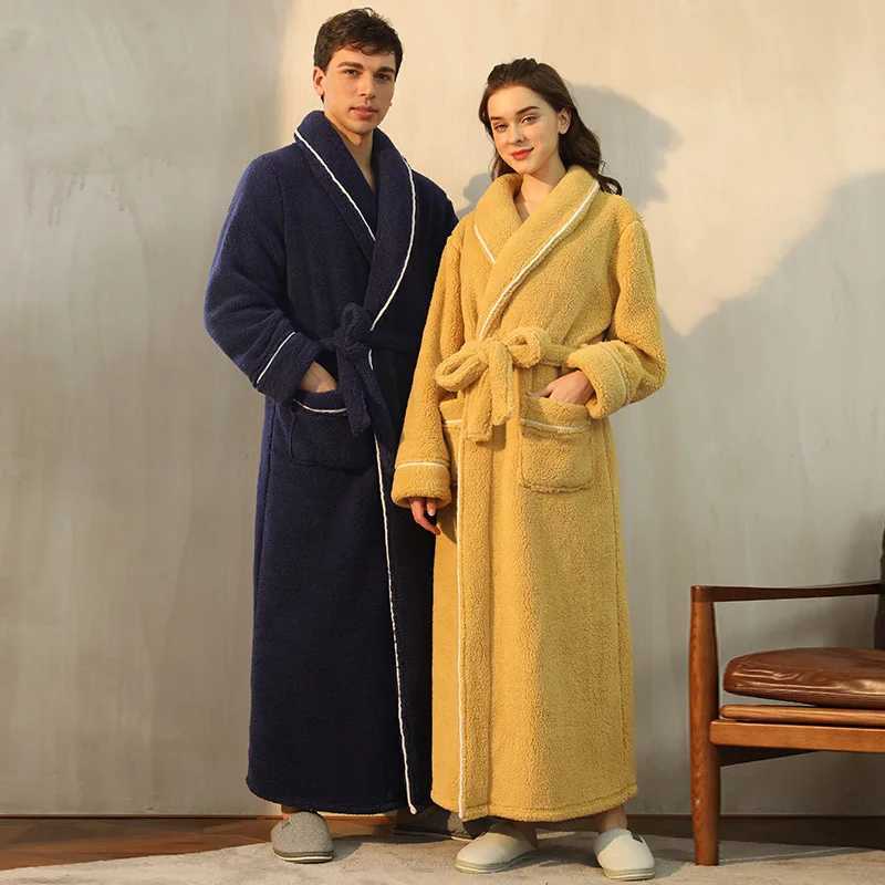 Women Winter Extra Long Warm Flannel Bathrobe Plus Size Thick Coral Fleece Bath Robe Lovers Spa Dressing Gown Men Cozy SleepwearXJ241018