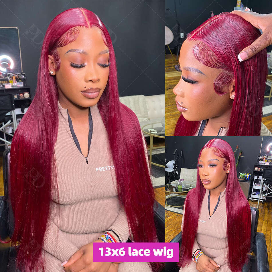 30 36Inch Bone Straight 99J Bury 13x4 13x6 Hd Lace Frontal Human Brazilian Red Colored Remy Wigs Virgin Hair