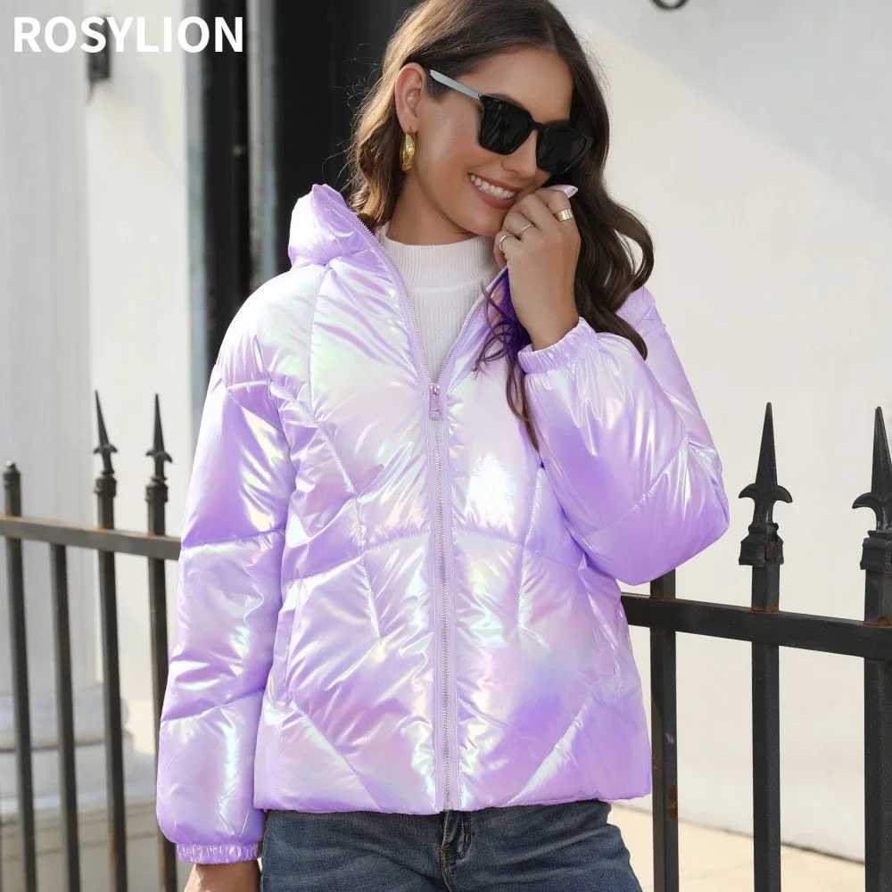 Women's Down Parkas Womens Winter Shining Parkas Hooded Fluffy Bread Jacket Womens Purple Blue Pure Cotton Coat Warm Loose Parkas Strtwear S-XXL 