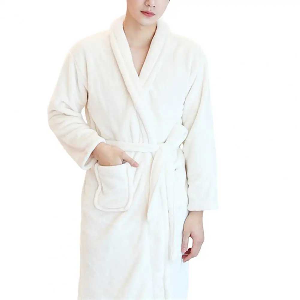 Couple Bathrobe Coral Fleece Open Stitch Solid Color Thicken Tight Waist Bathing Belt Unisex Pockets Winter Bathrobe for BedroomXJ241018
