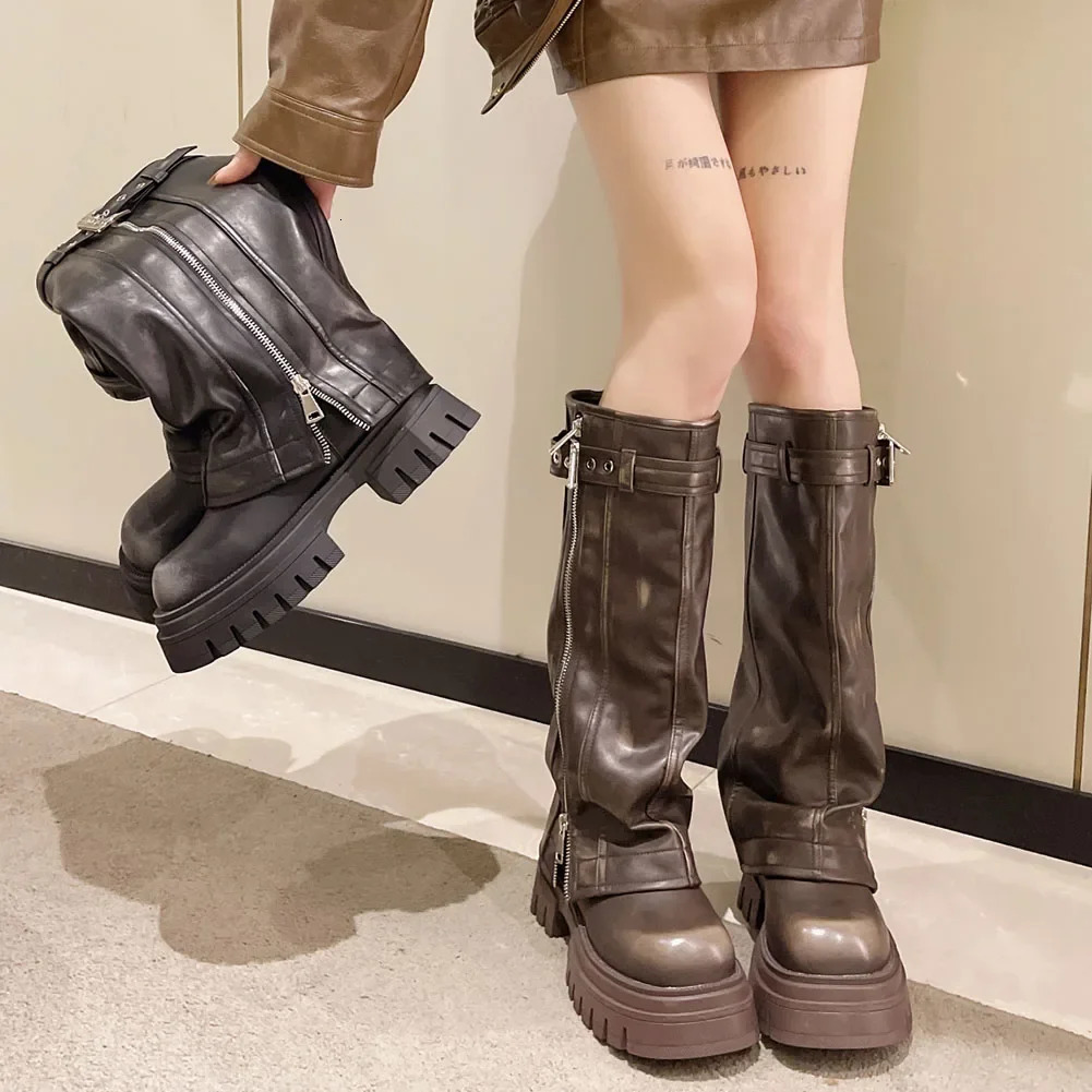 er Knight Womens Mid calf Boots Short Fat High Heels Platform Punk Motorcycle Boots Gothic Street Shoes 241018