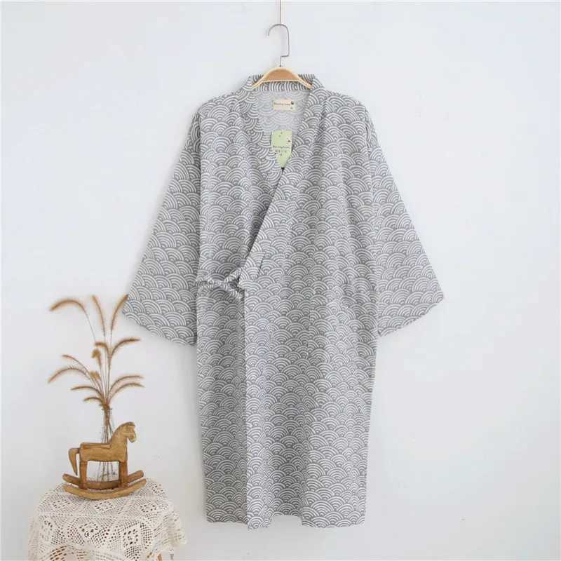 Mens 100% Cotton Gauze Robes Japanese Kimono Robe Three Quarter Bathrobe Black V-Neck Sleepwear Water Ripples Print Sleep TopsXJ241018
