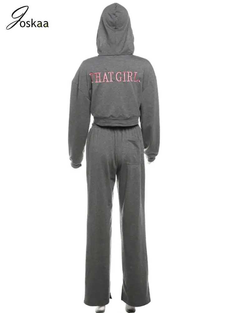Women's Two Piece Pants Joskaa Letter Embroidery 2-piece Womens Casual Long Sleve Crop Hoodie and Sweatpants Match Fitness Track and Field Clothe