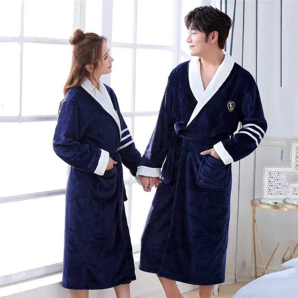 Autumn Winter Couple Robe Sleepwear Flannel Nightwear Kimono Bathrobe Gown with Pocket Loose Coral Fleece Home Wear Lounge WearXJ241018