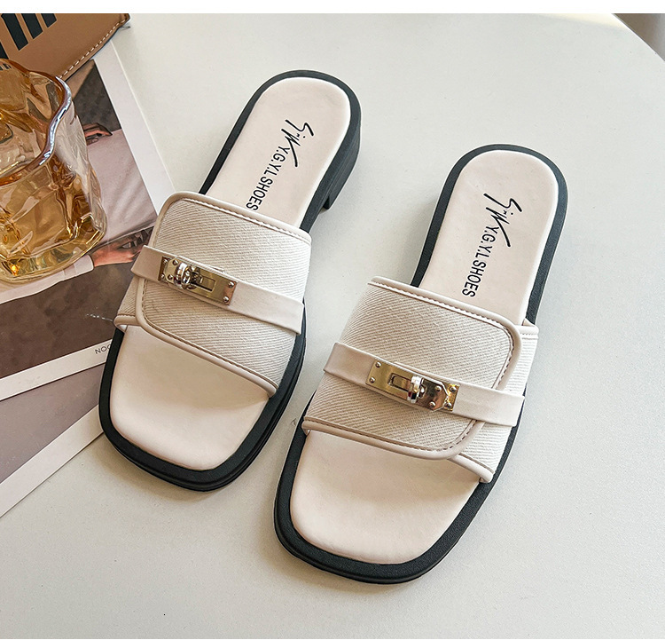 Flat Square Toe Bottom Slippers Summer New Women S Metal Buckle Decoration Casual One Line Low Heel Sandals For To Wear Externally Ddmysaturn