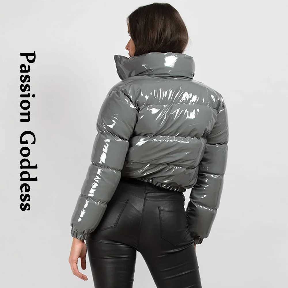 Women's Down Parkas Winter Women Shiny PU Leather Puffer Jackets Thick Cropped Parkas Down Warm Bubble Coats Cute Grey Bright Leather Parka Jacke