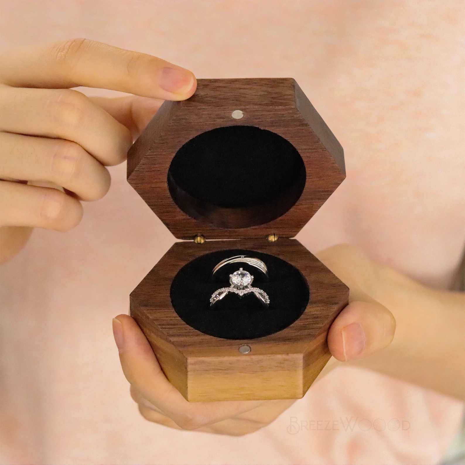 Customized carved wooden ring box vintage hexagonal walnut wood wedding gift for boys girls friends wives W241019