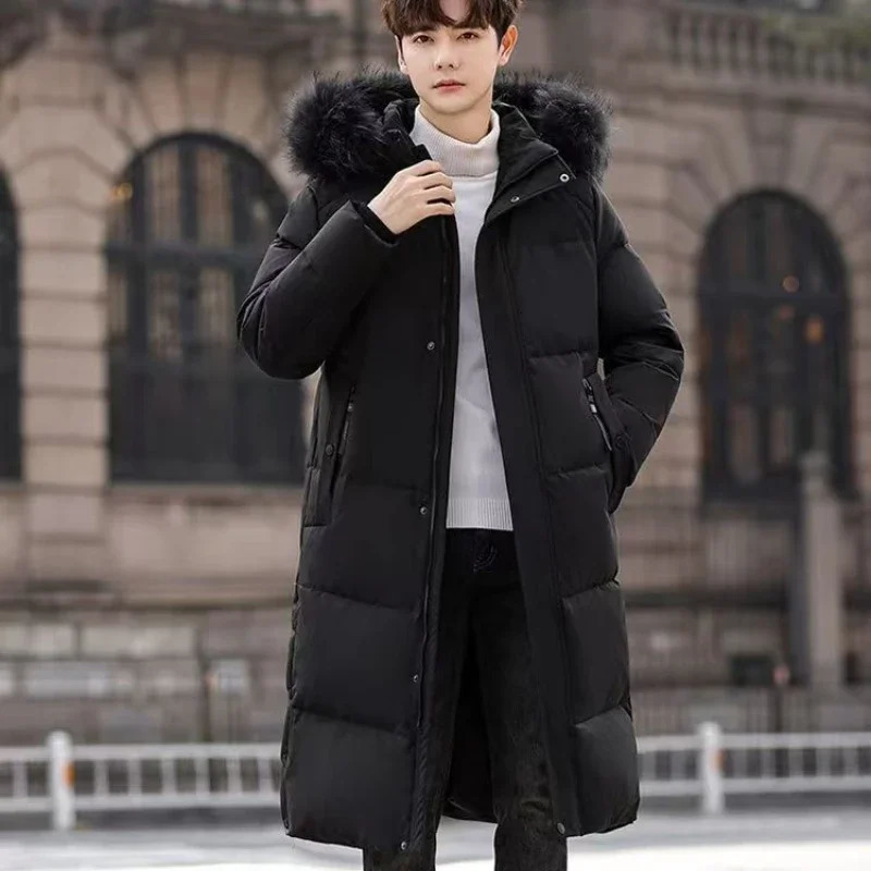 Mens winter jacket hoodie raccoon fur collar style fashionable young white duck thick warm long student jacket 241018