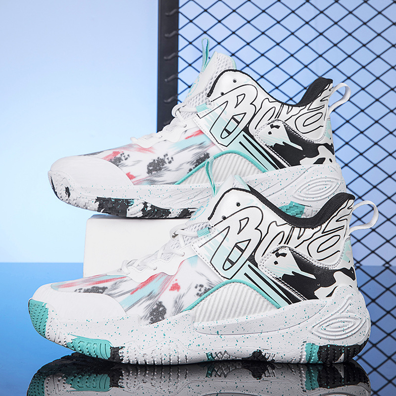 A pair of newly released mandarin duck basketball shoes, men's high top boots, sneakers, and trendy sports shoes for students on concrete ground