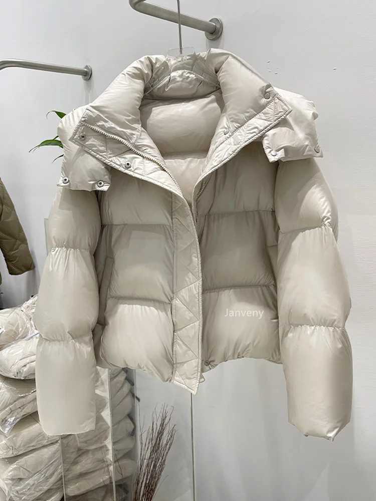 Women's Down Parkas Janveny thick short bread down jacket womens winter warm solid inflatable jacket hooded 90% duck down jacket womens fluffy Pa