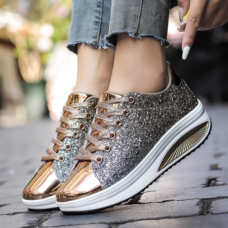 Women's Swinging Shoes Shiny Large 41 Glitter Mirror Women's Shoes Sports Thick Bottom Fashion Single Shoes