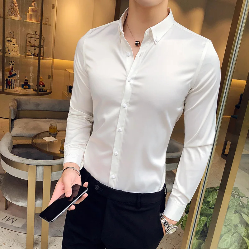 mens shirt necklace embroidered long sleeved casual ultra-thin mens dress solid color formal business social clothing top 241007