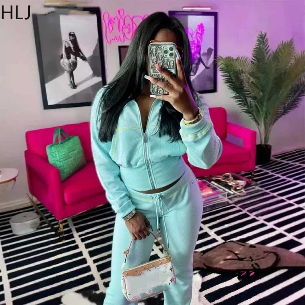 Women's Two Piece Pants HLJ autumn new waffle biscuit sport two-piece set womens zipper long Slve crop top jogging pants track suit womens clothi