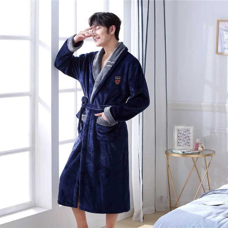 Solid Colour Intimate Lingerie Warm Full Sleeve Negligee V-neck Home Dressing Gown Male Kimono Bathrobe Gown NightwearXJ241018