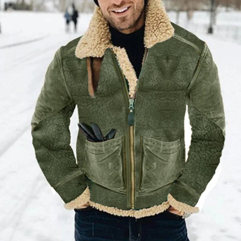 leather and fur integrated mens jacket autumn and winter thick printed jacket suede warm cashmere 241007