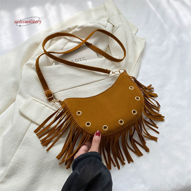 Tassel brown saddle shoulder niche ethnic controversy, West Asia crossbody bag, women's trendy travel bag #18 swissmilitary