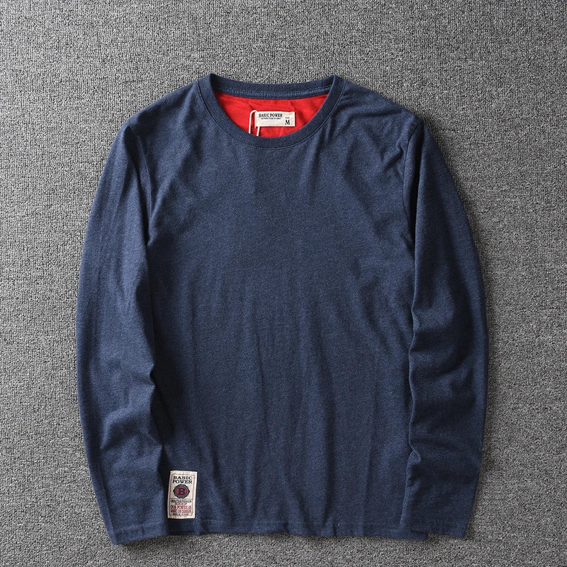 Mens long sleeved comfortable bottom shirt made of pure cotton washed with sand solid color T-shirt casual and fashionable multi-color 241019