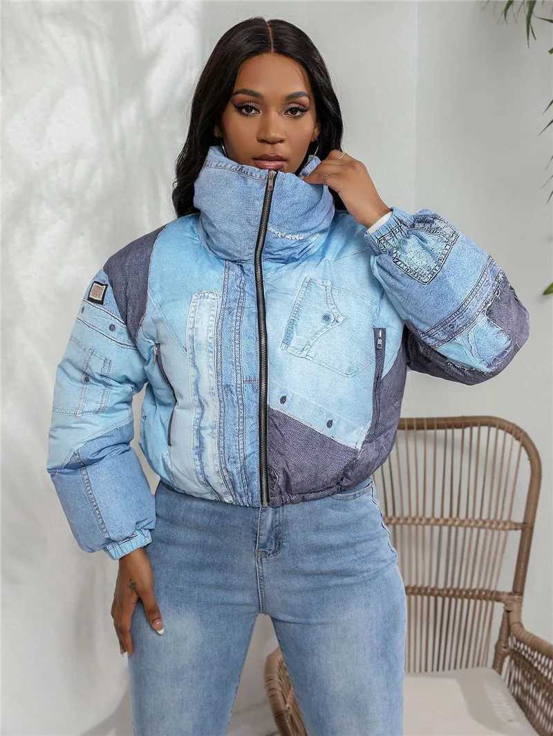 Women's Down Parkas New 2023 Womens Winter Denim 3D Printed Zipper Puff Crop Jacket Parkas Warm Thick Turtle Collar Zipper Bread Jacket Coat Y241