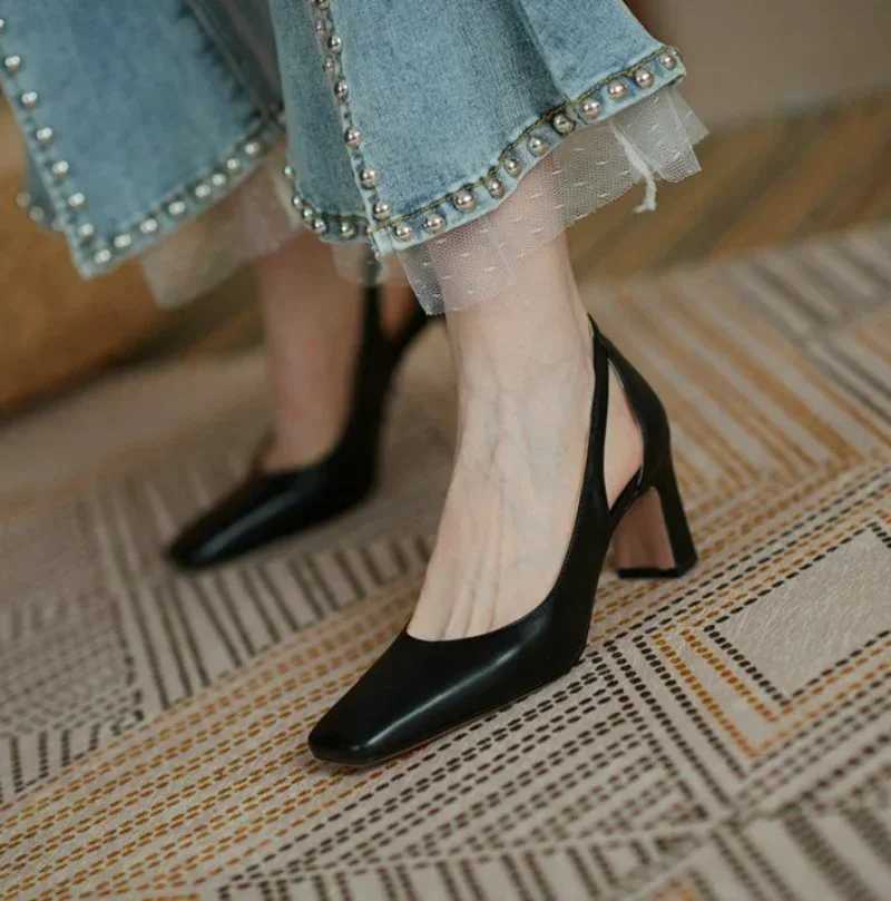 High heels regular leather casual chunky high heels nude womens shoes office shoes womens shoes square toe pumps Y241019