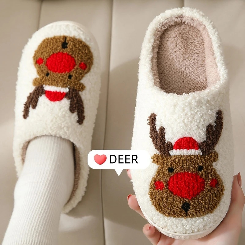 Christmas slippers womens home fluffy flip cover winter womens indoor cute deer gingerbread mens warm house plush shoes 241018
