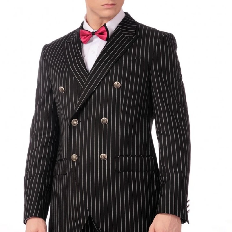 Pinstripe Italian Suits for Men with Double Breasted 2 Piece Striped Formal Business Jacket with Pants Male Wedding Groom Tuxedo