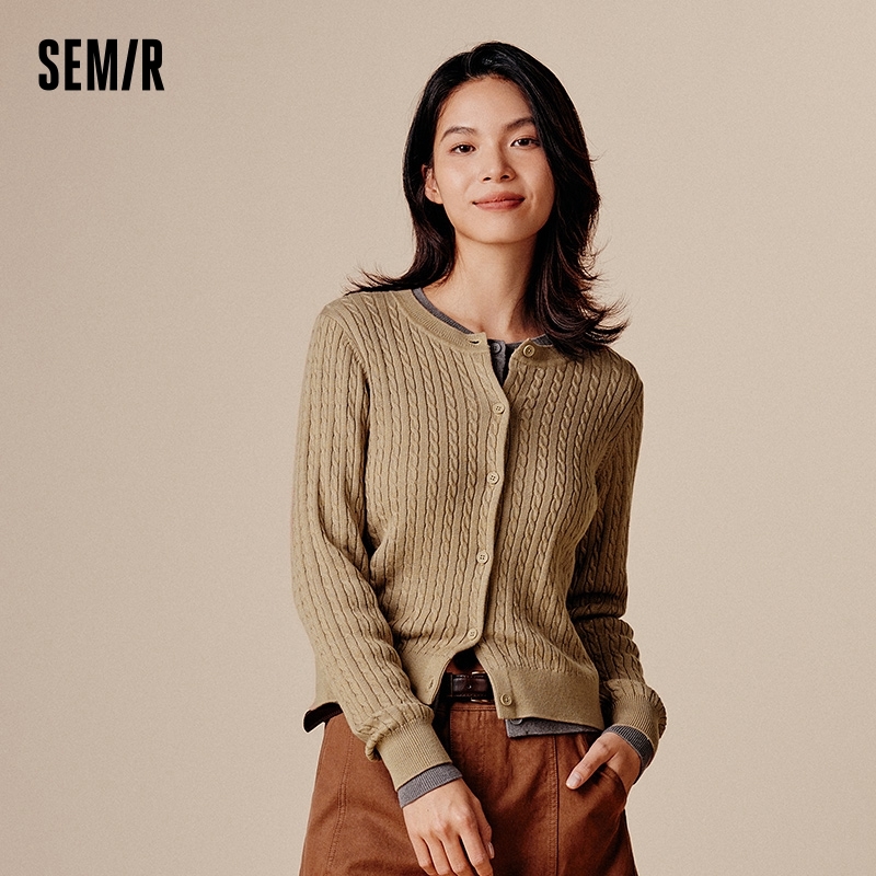 Semir Women Short Cardigan Round Neck Solid Color 2024 New Autumn Soft And Slim Fit Cable Knit Sweater