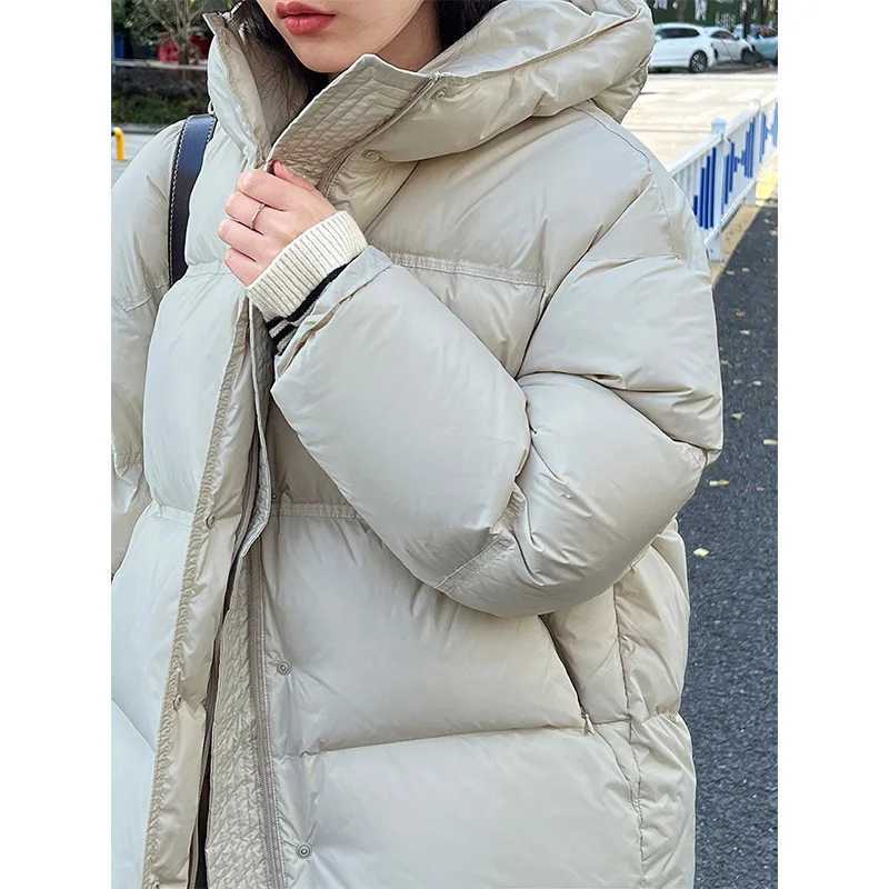 Hooded Down Jacket For Women Medium Length Gathered Waist Thickened And Soft 90% White Duck Down Puffer CoatX241019