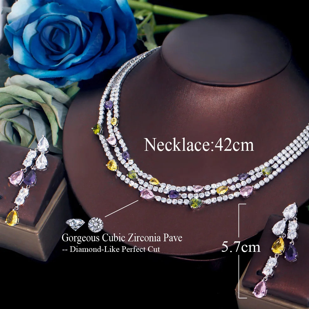 Three layers of shiny colored cubic zirconia three rows of multi-layer bridal wedding necklace earrings jewelry set for women TZ784 241018