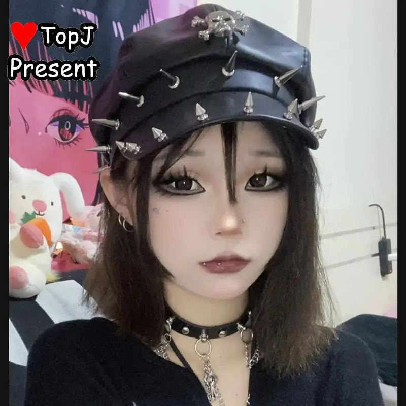 Womens Lolita Y2k Steampunk Gothic Harajuku Subculture Girls Rivet Motorcycle Hat Fashion Mens Personalized Beret Stage Rock Hat 241018