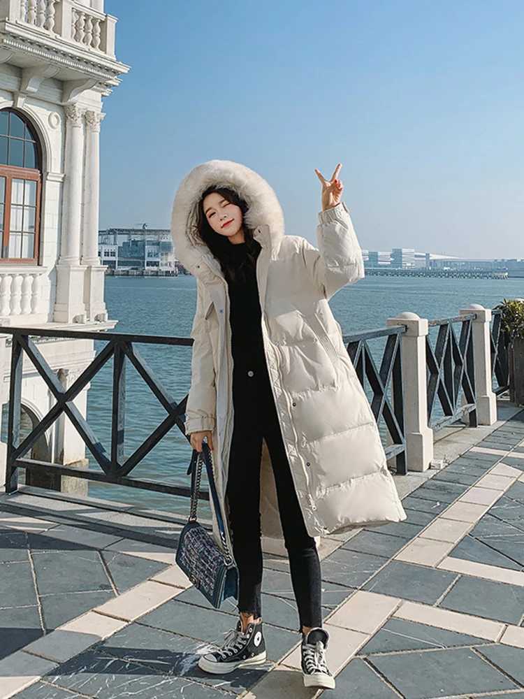 Winter Big Fur Collar Warm Parka Down Jackets Women White Duck Down Jacket Hooded Thick Neck Long Knee Length Down Coat FemaleX241019