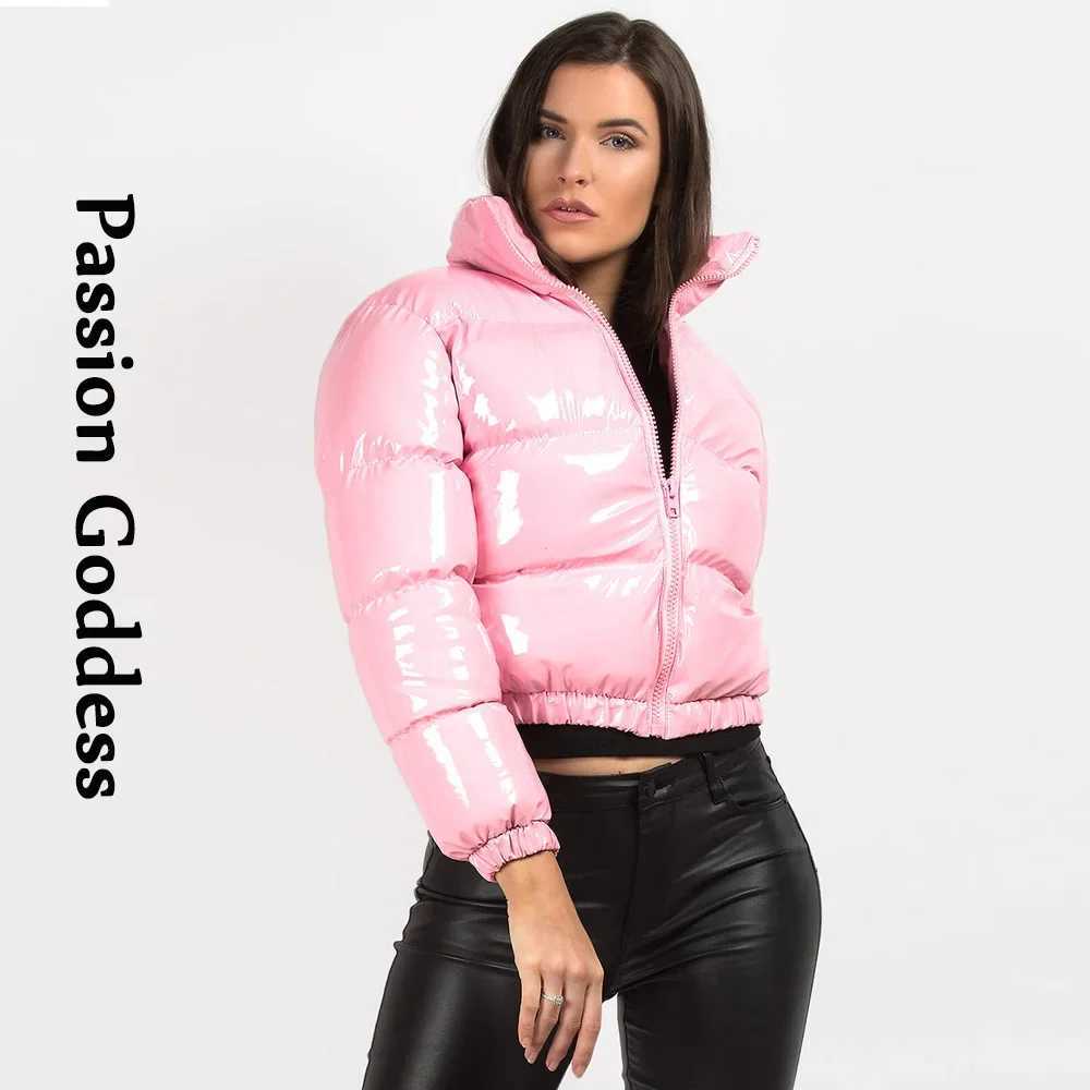 Women's Down Parkas Winter Women Shiny PU Leather Puffer Jackets Thick Cropped Parkas Down Warm Bubble Coats Cute Grey Bright Leather Parka Jacke