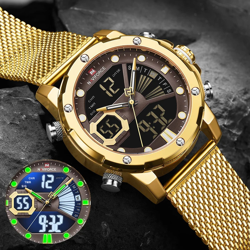 NAVIFORCE mens original watch y quartz dual display military sports mesh steel strap waterproof 241009