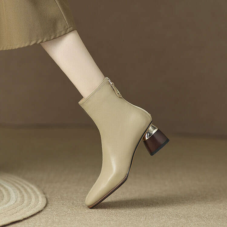 Designer Boot Square Toe, Side Zipper Fashion High-Heeled Short Boots For Women, 2024 Autumn And Winter New Style With Plush, Thick Heel, Slim Boots, 