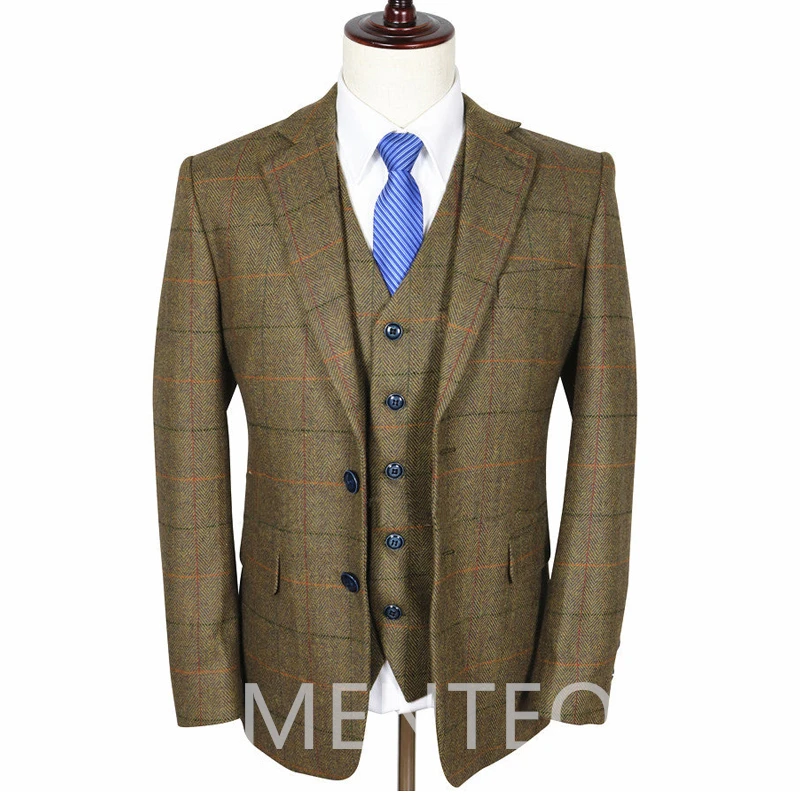 Tweed Wool Men Suits for Business Winter Vintage Notched Lapel 3 Piece Wedding Tuxedo Brown Herringbone Slim Fit Jacket with Vest Pants British Style