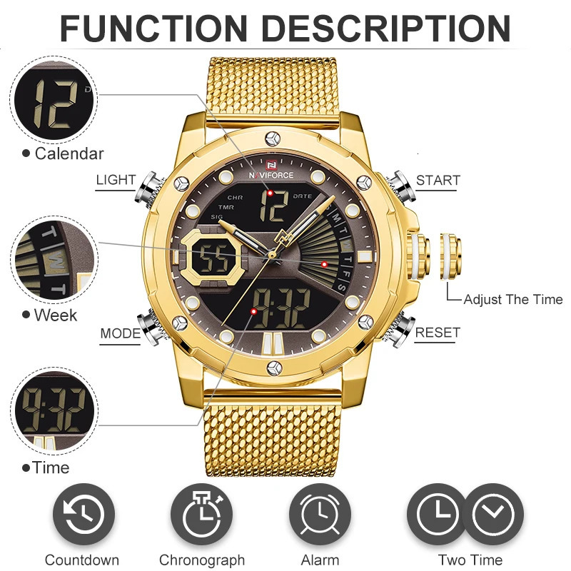 NAVIFORCE mens original watch y quartz dual display military sports mesh steel strap waterproof 241009