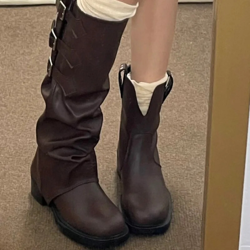 Womens Autumn Fashionable Round Toe er Anti slip Thick Bottom Mid calf Boots Outdoor Leisure Comfortable Dress Womens Party Boots 241018